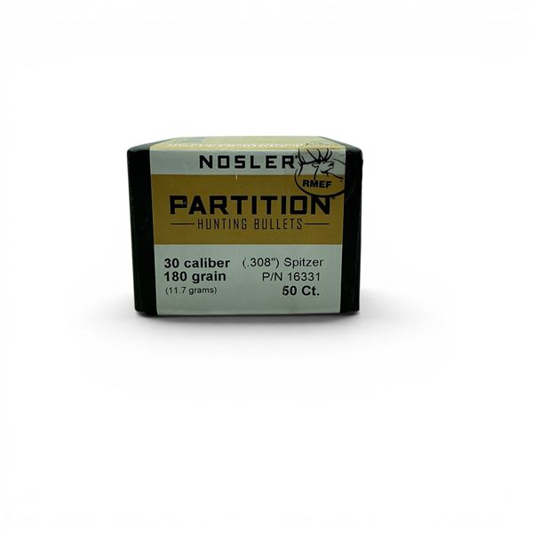 Nosler Partition 30 Cal (.308"), 180 Grain Spitzer Projectiles, 50 Qty