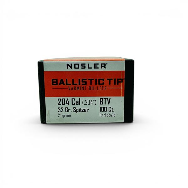 Nosler Ballistic Tip Varmint 204 (.204"), 32 Grain Spitzer BTV Projectiles, 100 Qty