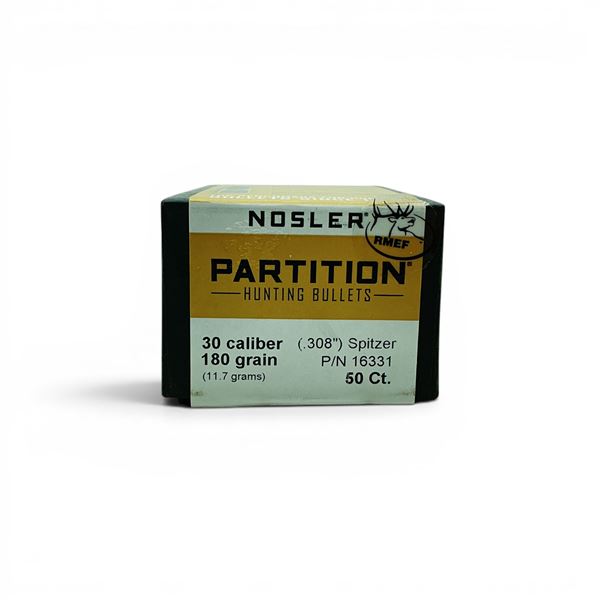 Nosler Partition 30 Cal (.308"), 180 Grain Spitzer Projectiles, 50 Qty