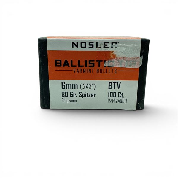 Nosler Ballistic Varmint 6mm Cal (.243"), 80 Grain Spitzer BTV Projectiles, 100 Qty