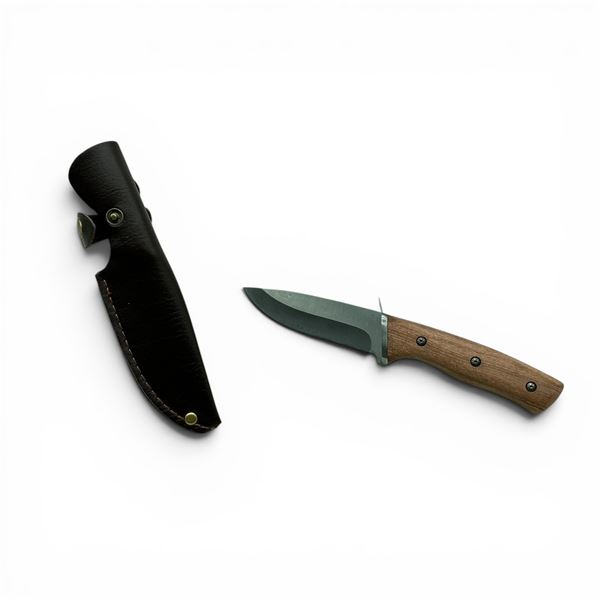 Fixed 4" Blade Hunting Knife with Wood Handle and Belt Sheath, New