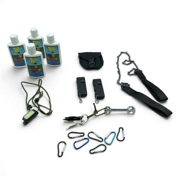 Buzz Up Insect Repellent, Small Carabiners X 7, Seat Belt Strap Cutters X 2, Fenix E-Light, Charger