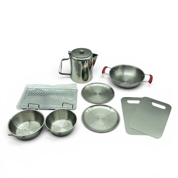 Coffee Pot, Assorted Cooking Pots, BBQ Grill and Cutting Boards