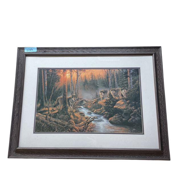 Framed Print of Wolf Pack at Stream, Total Size in Frame is 31" X 23"