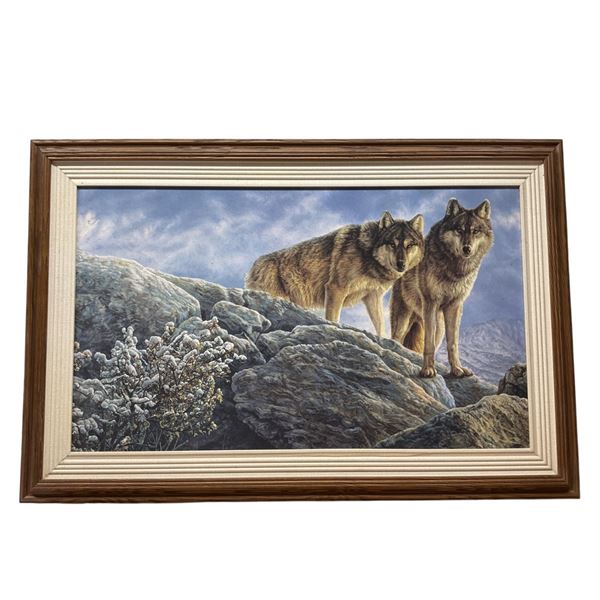 Framed Wolf Couple on A Stroll Print, Total Size is 27" X 40"