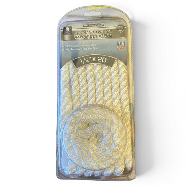 TH Marine 1/2" x 20' 3 Strand Twisted Nylon Dock Line, New