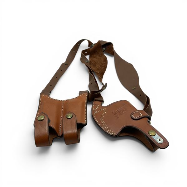 Triple K Leather Ultra Horizontal Draw Shoulder Holster with Double Mag Pouch and Adjustable Harness