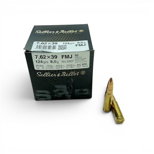 Sellier & Bellot 7.62 X 39 mm 124 Grain FMJ Ammunition, Approx 40 Rounds