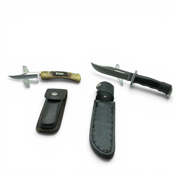 Buck Fixed 5 1/2" Blade Knife in Leather Sheath and Uncle Henry Folding 3" Blade Knife