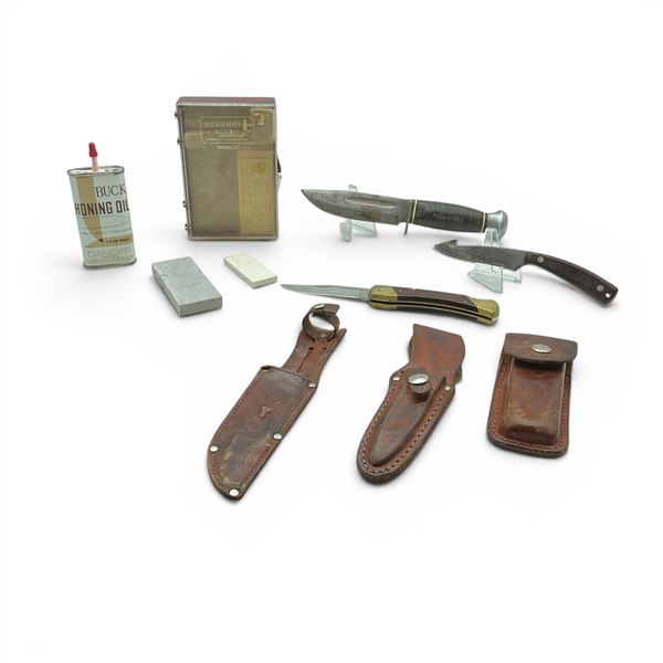 Fixed 5" Blade Knife, Buck Folding 3 1/2" Knife and Schrade Gutting Knife, Sharpening Accessories