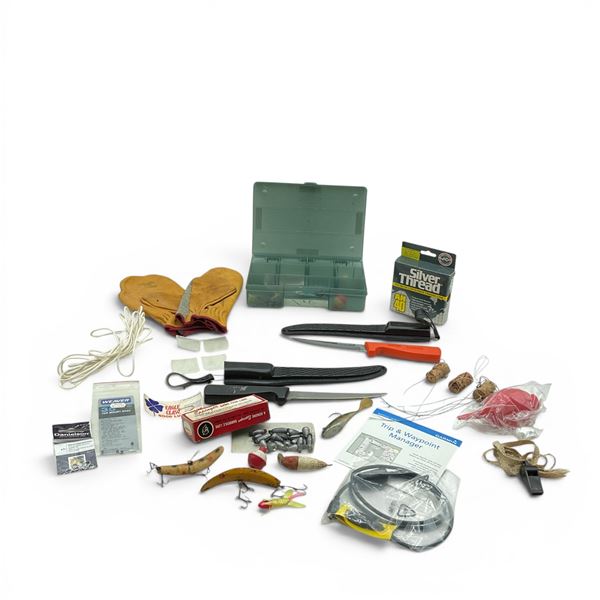 Fishing Lot Including Tackle, Gloves, Fillet Knives, Hooks