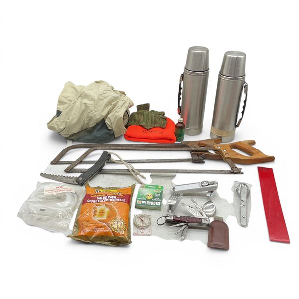 Camping Box Includes Hot/ Cold Thermos, Fanny Pack Mesh Jacket, Gloves, Hand Warmers