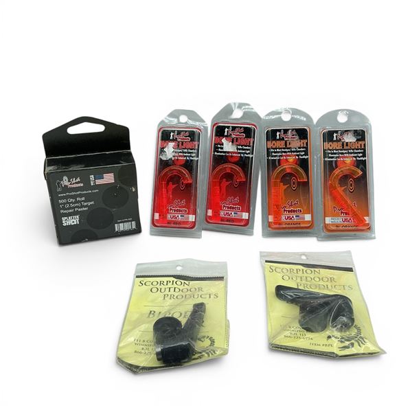 Pro Shot Bore Lights, Orange and Red X 2 ea, Scorpion Bipod Levers X 2 and Black Pasters