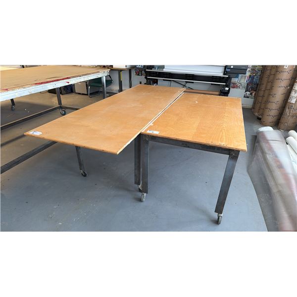 2 MOBILE WORK TABLES - APPROX. 92" X 32" X 29 1/2" HIGH AND 66" X 32" X 29 1/2" HIGH
