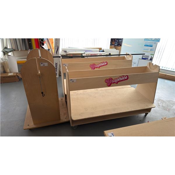 GROUP OF 3 MOBILE MATERIAL ROLLER WORK CARTS - APPROX. (2) 68" ACROSS X 32" WIDE X 44" HIGH