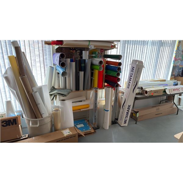 LARGE ASSORTMENT OF PRINTER MATERIAL (ROLLS), MULTIPLE STORAGE CABINETS AND BOOKSHELVES