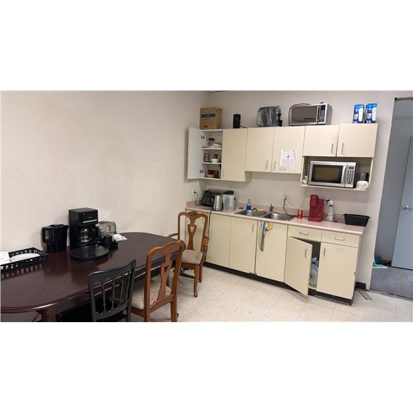 ASSORTED LUNCHROOM ITEMS - ELECTROLUX 2 DOOR FRIDGE, WATER COOLER, MICROWAVES, COFFEE MAKERS,