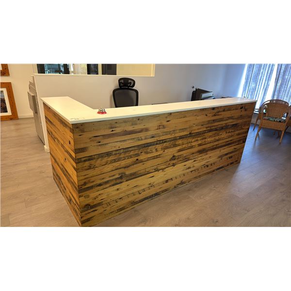 NATURAL WOOD WITH WHITE QUARTZ TOP RECEPTION COUNTER, OFFICE CHAIR, FILING CABINET, (2) ACER