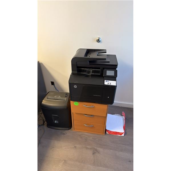 HP LASER JET PRO 200 COLOR MFP PRINTER, STAPLES PAPER SHREDDER AND SMALL 3 DRAWER