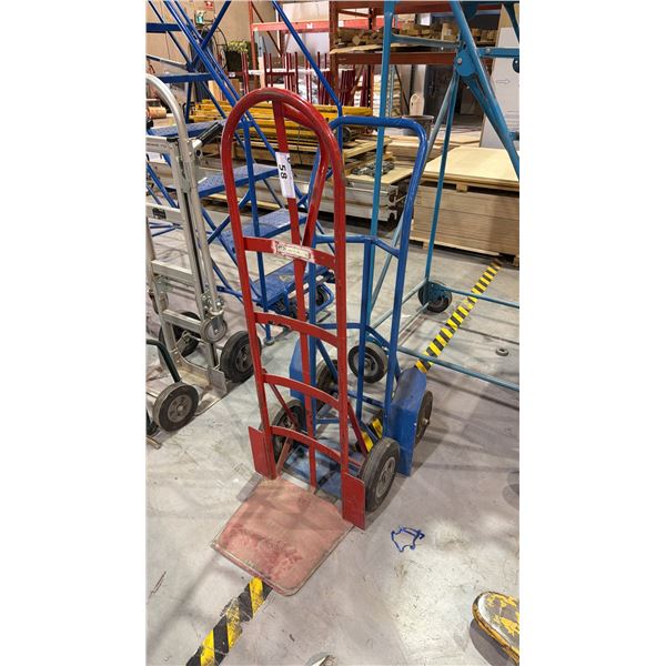 2 SOLID TIRE HAND TRUCK DOLLIES (RED AND BLUE)