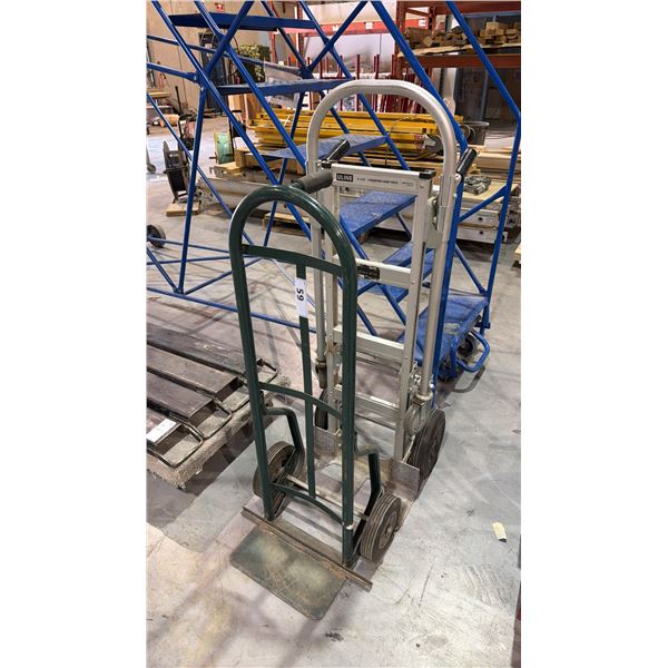 2 SOLID TIRE HAND TRUCK DOLLIES (ULINE ALUMINIUM H-1479 AND GREEN HARPER)