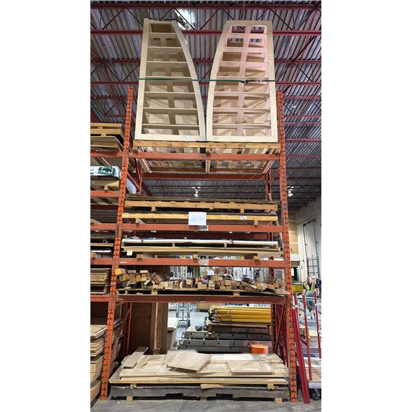 7 PARTIAL PALLETS OF ASSORTED WOOD - PLYWOOD SHEETS, ALUMINIUM PANEL SHEETS, WHITE PLASTIC