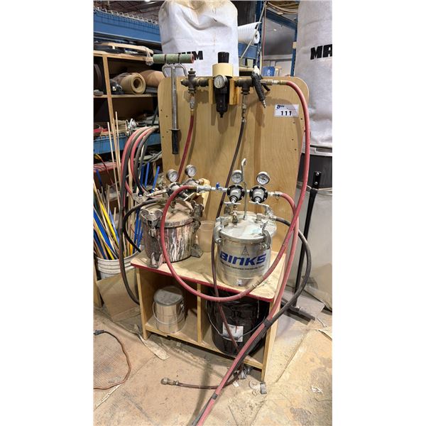 SPRAY PAINT CART WITH (2) PNEUMATIC PAINT POTS, HOSE LINES/REGULATORS AND (2) SPRAY GUNS