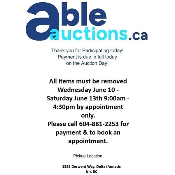 All items must be removed  Wed Jun 10 - Sat Jun 13 9am to 4:30pm by appointment.