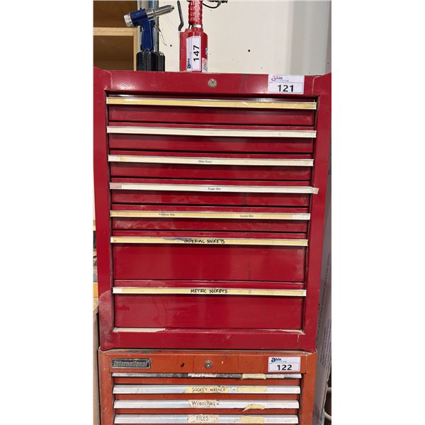 7 DRAWER TOOL CABINET (RED) WITH CONTENTS - ASSORTED SOCKETS, AUGER BITS, ALLEN KEYS AND MORE