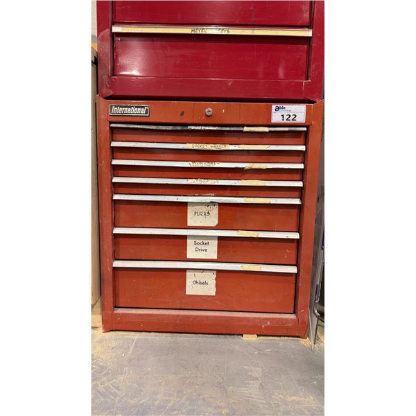 INTERNATIONAL 7 DRAWER TOOL CABINET (RED) WITH CONTENTS - CHISELS, PLIERS, WRENCHES AND MORE