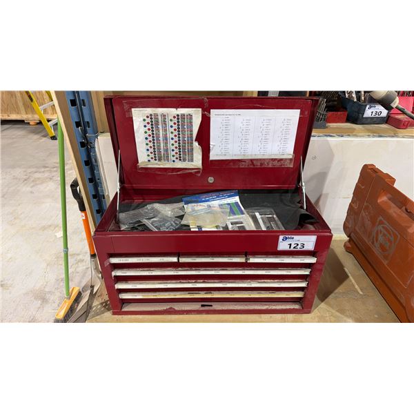 6 DRAWER TOOL BOX (RED) WITH CONTENTS - LARGE ASSORTMENT OF DRILL BITS