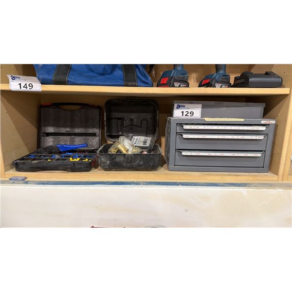 HUOT 3 DRAWER DRILL BIT CABINET, BOX OF ASSORTED FITTINGS AND WIRE CRIMPING TOOL SET