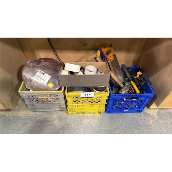 GROUP OF (3) MILK CRATES OF ASSORTED HAND TOOLS, SHOP SUPPLIES AND HARDWARE