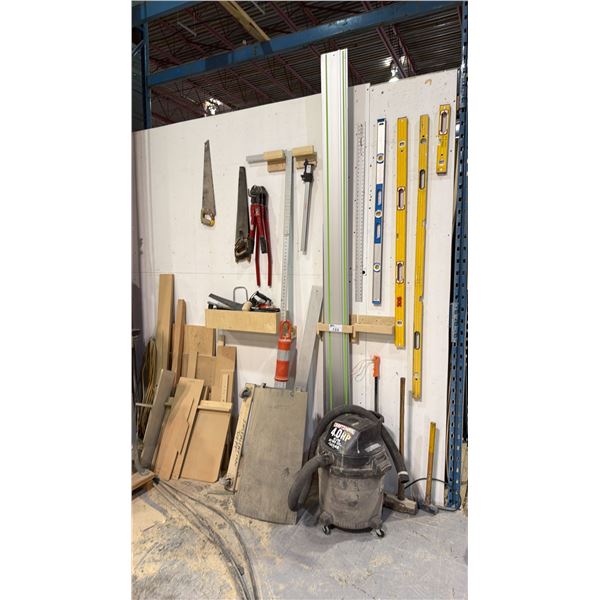 ASSORTED TOOLS - CRAFTSMAN SHOP VAC, LEVELS, SQUARES, BOLT CUTTERS, SAWS AND MORE