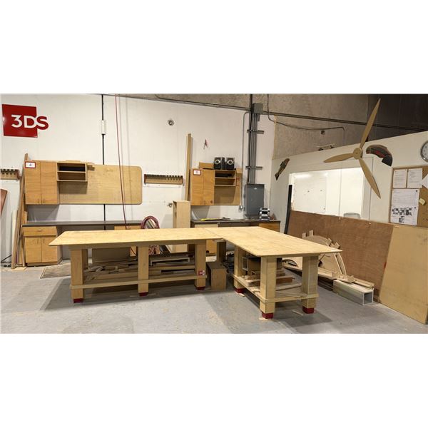WOOD SHOP WORK STATION - (2) WORK BENCHES WITH WALL MOUNT CABINETS AND (2) WORK TABLES
