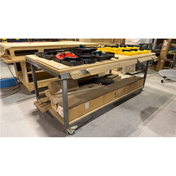 MOBILE WOOD TOP WITH METAL FRAME WORK TABLE - APPROX. 8FT X 4FT X 3 1/4FT HIGH