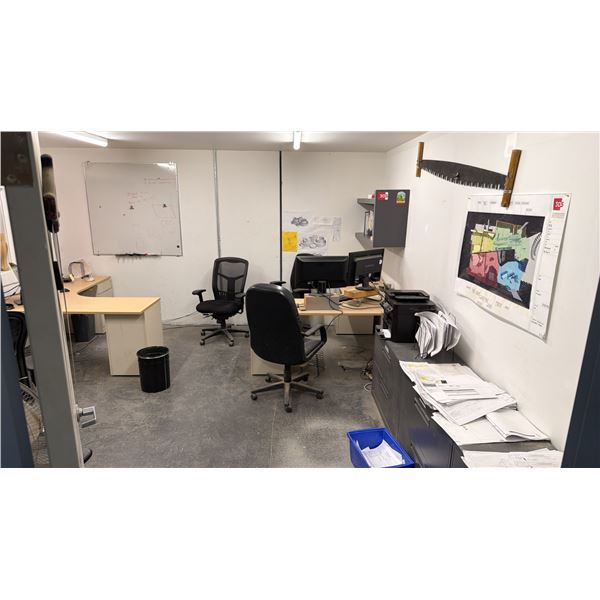 CONTENTS OF WOOD SHOP OFFICE - TV, MONITORS, DESKS, CHAIRS, FILING CABINETS AND MORE