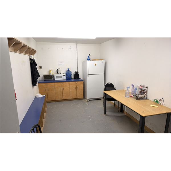 CONTENTS OF WOODSHOP LUNCH ROOM - FRIDGE, SMALL APPLIANCES, WATER COOLER, TABLE AND CHAIRS