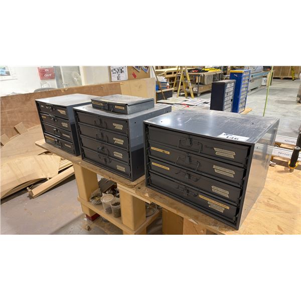 GROUP OF (3) DURHAM 4 DRAWER PARTS/HARDWARE ORGANIZER CABINETS FULL OF ASSORTED FASTENERS AND
