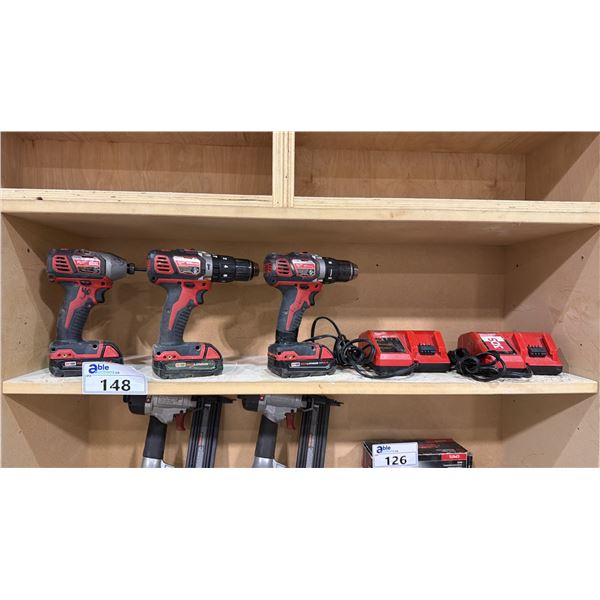 MILWAUKEE CORDLESS DRILL/DRIVER SET - 3 DRILLS, 3 BATTERIES AND 2 CHARGERS