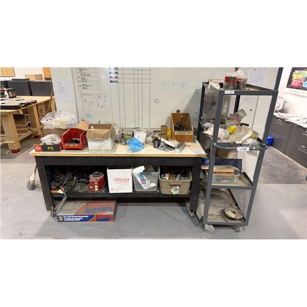 4 TIER GREY METAL MOBILE SHOP CART AND MOBILE WOODEN WORK TABLE *CONTENTS INCLUDED*