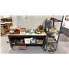 Image 1 : 4 TIER GREY METAL MOBILE SHOP CART AND MOBILE WOODEN WORK TABLE *CONTENTS INCLUDED*
