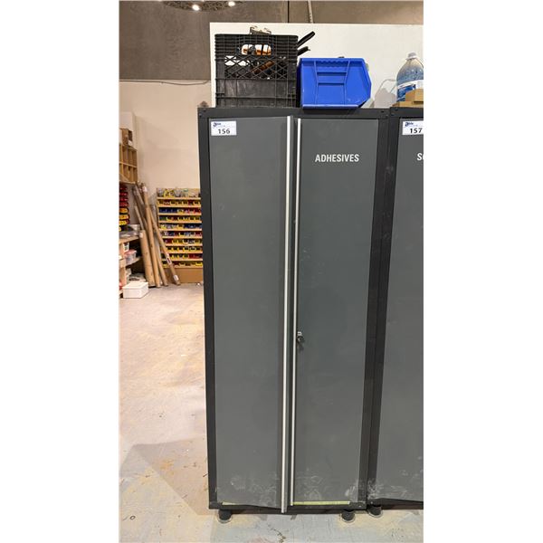 GREY METAL 2 DOOR SHOP CABINET AND CONTENTS - ASSORTED ADHESIVES AND APPLICATORS