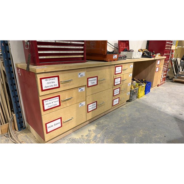 10 DRAWER (1) CUPBOARD WOODEN WORK BENCH WITH MOUNTED SHELVING *CONTENTS NOT INCLUDED*