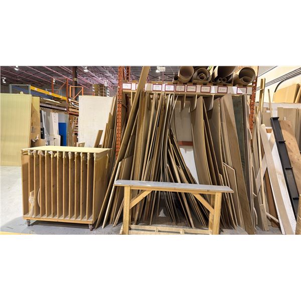LARGE GROUP OF SHOP STOCK WOODEN MATERIAL - SHEETS AND PIECES OF ASSORTED PLYWOOD'S AND MDF,