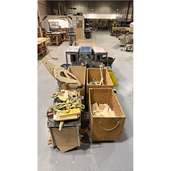 4 MOBILE WORK CARTS, 4 MOBILE SCRAP BINS AND 9 ASSORTED GARBAGE BINS