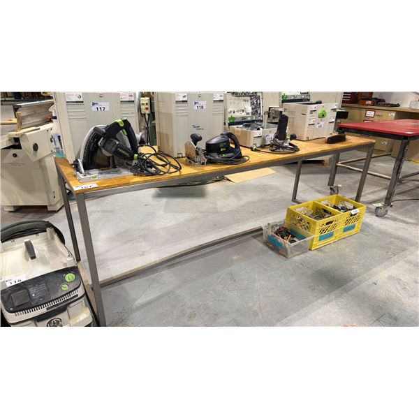 PLYWOOD TOP WITH METAL FRAME WORK TABLE - APPROX. 8FT X 2 1/2FT X 2 3/4FT HIGH