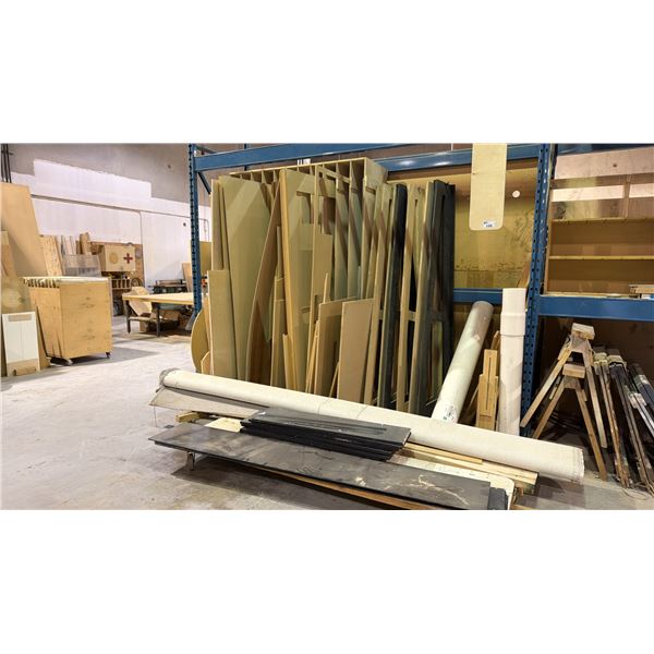 LARGE GROUP OF SHOP STOCK WOODEN MATERIAL - SHEETS AND PIECES OF ASSORTED PLYWOOD'S AND MDF,
