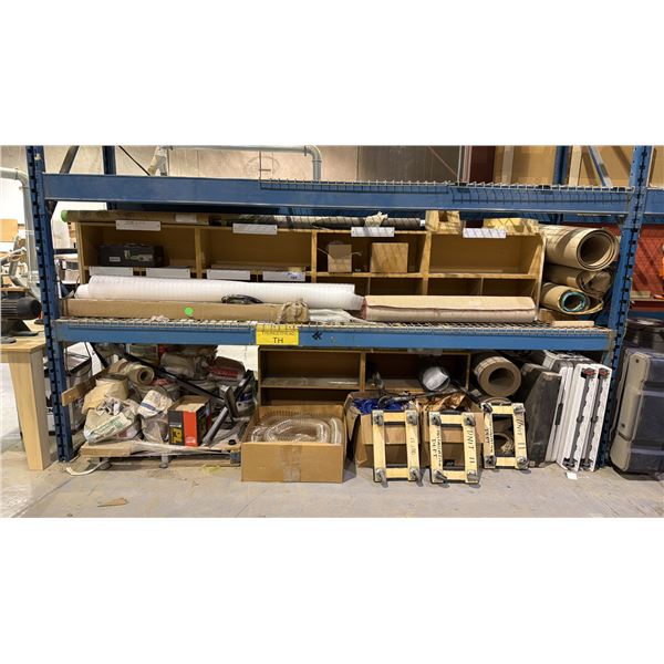 LARGE GROUP OF ASSORTED SHOP MATERIALS, HOSE LINES, DOLLIES, FOLDING TABLES AND MORE