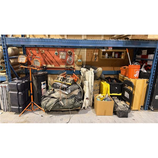 LARGE GROUP OF ASSORTED SHOP AND JOBSITE ITEMS - TARPS, WORK LIGHTS, FALL HARNESSES AND MORE